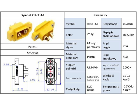 Złącze Amass XT60E-M męskie 20/40A - 6
